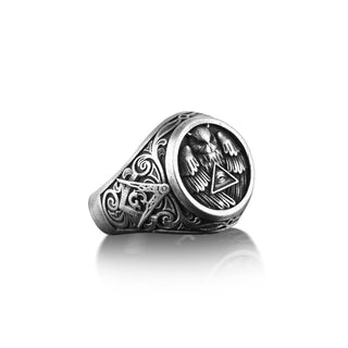 Eye Of Providence Owl Mens Silver Ring, Freemason Engraved Signet Ring For Men, Oxidized Masonic Ring For Husband, Mason Ring For Dad