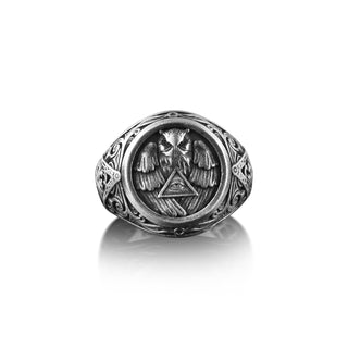 Eye Of Providence Owl Mens Silver Ring, Freemason Engraved Signet Ring For Men, Oxidized Masonic Ring For Husband, Mason Ring For Dad