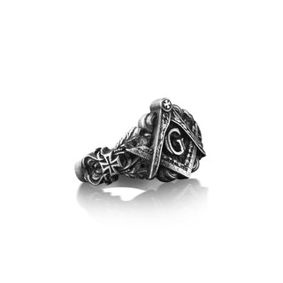 Freemason Symbol Mens Ring in Silver, Masonic Ring with Floral and Cross Motifs, Oxidized Mason Ring For Dad, Cool Husband Ring Gift