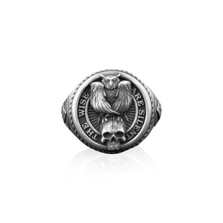 Owl Skull Mason Square Compass Signet Ring for Men, Owl Skull Ring, Unique Masonic Ring, Sterling Silver Signet Ring, Handmade Ring for Men
