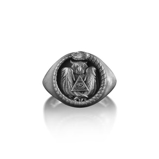 Snake Ouroboros Owl Eye Of Providence Men Ring, Freemasonry Sign, Mens Silver Ring, Engraved Signet Ring For Men, Oxidized Ring For Husband