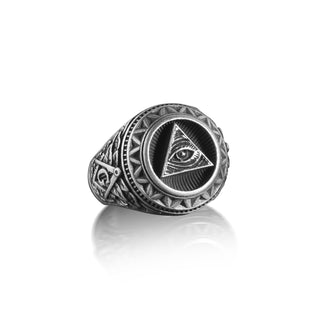 Eye of God Pyramid Signet Ring for Men in Sterling Sİlver, Elegant Pattern Triangle Eye Men's Ring, All Seeing Eye Ring,Punk Ring Men Gift