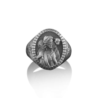 Jesus The Good Shepherd Sterling Silver Signet Rings For Men, Oxidized Shepherd Jesus Ring, Family Ring, Christian Men Gift, Gift For Men