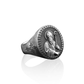 Oxidized Silver Saint Patrick Signet Ring for Men, Sterling Silver Religious Men's Rings, Protection Ring, Family Ring, Christian Men Gift