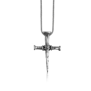 Cross of Nails Necklace for Men in Sterling Silver, 3D Cross Men Pendant, Crucifix Necklace, Religious Gift for Mama, Catholic Men Necklace