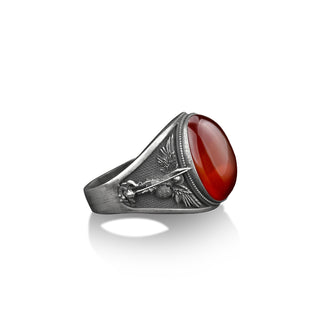 Archangel saint Michael silver men ring with red agate, St Micheal carnelian stone men ring, St Michael is commander of the army of god