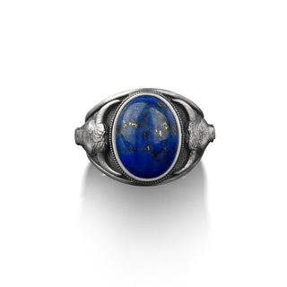 Blue lapis lazuli signet men ring, Bull head silver zodiav men's ring, Oval nlue lapis signet bull ring, Angry bull ring, Husband gift ring