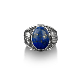 Virgin mary in white lilies handmade signet ring with lapis lazuli gemstone, 925 sterling silver personalized jewelry for men and women