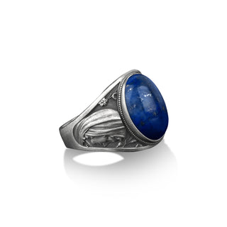 Virgin mary in white lilies handmade signet ring with lapis lazuli gemstone, 925 sterling silver personalized jewelry for men and women
