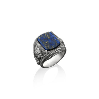 Greek god of the seas Poseidon man gemstone ring in silver, Blue lapis lazuli signet man ring, Blue gemstone men ring for her, Gift for dad