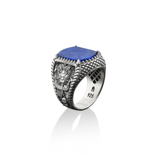 Lapis lazuli gemstone ring with Chinese dragon engravings on the sides, 925 sterling silver asian mythology ring for men, Silver man rings