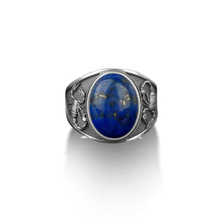 Zodiac scorpio silver men ring with lapis lazuli gemstone, Blue lapis pinky man rings, Silver oval gemstone scorpion ring, Husband gift ring