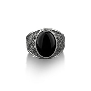Tree of life silver man ring, Black onyx signet silver men's ring, Yggdrasill silver ring, Signet onyx man ring, Signet family men gift ring