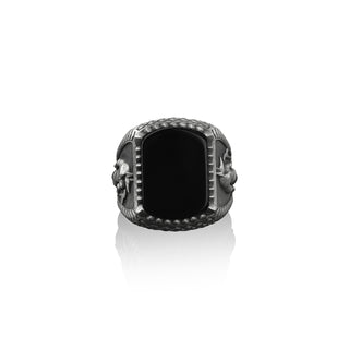 Anubis the god of death black onyx gemstone men ring in silver, Ancient egyptian mythology lover gift ring, Pinky onyx men rings for women
