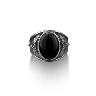 Black onyx signet silver mens ring with dragon love, Silver rragon men ring, Onyx dragon signet ring, Onyx silver man ring, Husband men ring