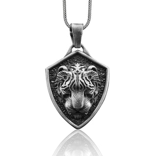 Handmade Asian Tiger Charm Necklace for Men in Sterling Silver, Saber Toothed Cat Men Jewelry, Shield with Asian Tiger Pendant with Chain