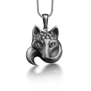 Fox with floral headband pendant in 925 silver, Fox with flowers necklace for mama, Feminist necklace for girlfriend