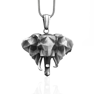 Elephant Handmade Silver Necklace for Mens, Low Poly Elephant Head Charm Pendant, Elephant Head Sterling Silver Pendant, Animal Men Necklace