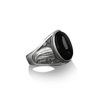 Black onyx gemstone ring with Virgin mary and lilies engravings on the sides, 925 sterling silver religious signet ring, Silver onyx jewelry