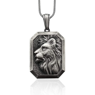 Solid Silver Lion Personalized Men's Necklace, Relief Lion Head Man Medallion, African Wild Lion Silver Men Necklace, Husband Gift Necklace