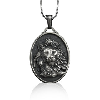 Maned lion head oval pendant necklace in silver, Personalized animal necklace for best friend, Leo sign zodiac necklace