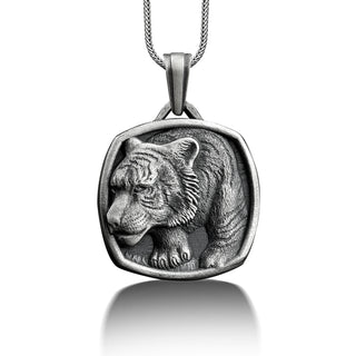 Tiger 925 Silver Personalized Necklace, Sterling Silver Animal Necklace, Cat Necklace, Tiger Jewelry, Engraved Necklace, Memorial Men's Gift