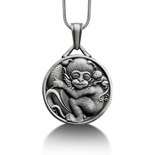 Monkey and Her Baby Engraved Necklace, 925 Sterling Silver Customizable Necklace, Animal Necklace, Family Necklace, Personalized Gift