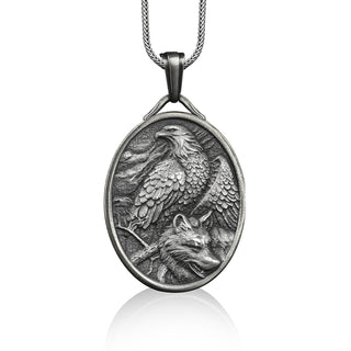 Eagle and wolf pendant necklace in silver, Personalized animal friendship necklace for best friend, Custom gift for him