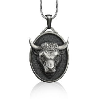 Bull head sterling silver necklace for men, Personalized taurus pendant with custom name, Animal necklace for boyfriend