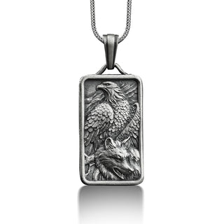 Bald eagle and wolf pendant necklace in silver, Personalized animal necklace for men, Handmade engraved necklace for dad
