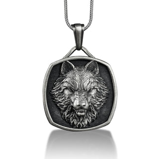 Angry Wolf Head Square Silver Necklace, Customizable Necklace, Engraved Necklace for Men, Animal Lover Gift, Couples Wolf Gift, Wolf Jewelry