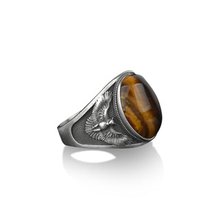 Owl with spread wings tiger's eye gemstone men ring, 925 sterling silver signet ring for men, Handmade oxidized man jewelry, Statement rings