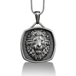 Leo Lion Head Square Medal Necklace Pendant, Customizable Necklace, Engraved Necklace for Men, Animal Lover Gifts, Zodiac Ornament
