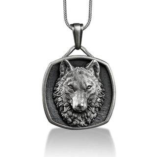 Gray Wolf Head Silver Necklace, Customizable Necklace, Engraved Necklace for Men, Animal Lover Gift, Couples Wolf Gift, Wolf Jewelry