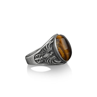 Phoenix bird tiger's eye gemstone signet man ring, Greek mythology jewelry, Sterling silver ring for man, Pinky rings for women, Small gift