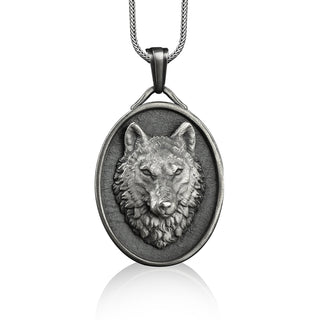 Gray wolf head pendant necklace in silver, Personalized animal necklace for husband, Custom name pendant, Dad gift