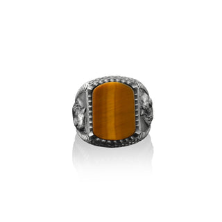 Grizzly bear silver signet men ring, 925 sterling silver tiger's eye gemstone ring for men, Grizzly bear signet ring, Wild animal men rings