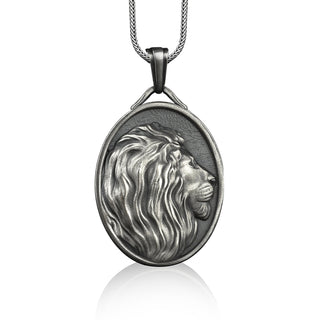 Male lion medallion necklace for boyfriend, Personalized silver lion pendant, Leo zodiac sign necklace for birthday gift