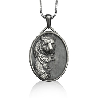 Grizzly bear oval medal necklace in silver, Personalized animal engraved pendant necklace for men, Boyfriend necklace