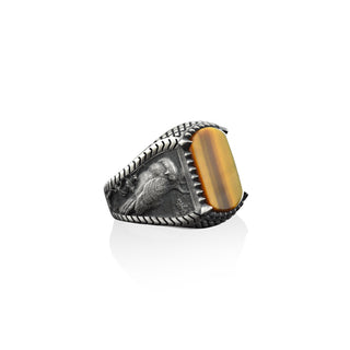 Tiger's eye gemstone with winged owl sterling silver men ring, Owl on the branch motif engraved tiger's eye signet ring, Silver man owl ring