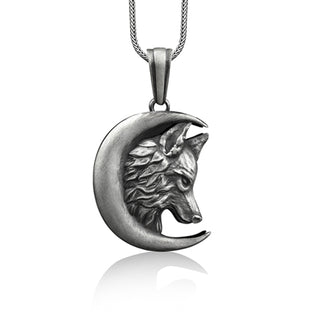 Wolf in crescent moon pendant necklace in sterling silver, Cool mens animal necklace for dad, Nature inspired necklace