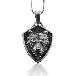 Grizzly Bear Handmade Sterling Silver Men Charm Necklace, Nordic Bear Silver Men Jewelry, Scandinavian Bear Pendant Chain, Animal Necklace