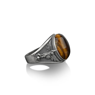 Archangel saint Michael silver men ring, Archangel tiger's eye man ring, St Micheal signet ring, St Michael is commander of the army of god