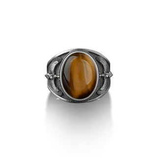 Protector and healer goddess Isis with wings, Tiger's eye oval gemstone signet ring, Ancient egyptian divinity mythology, Unique design ring