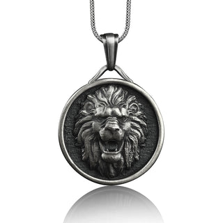 Sterling Silver Angry Lion Charm Necklace, Handmade Silver Zodiac Leo Medallion Charm, Lion Silver Pendant, Sterling Silver African Jewelry