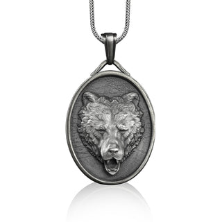 Grizzly bear silver pendant necklace for men, Personalized animal necklace gift for husband, Handmade engraved necklace