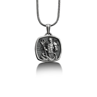 Poseidon with trident pendant necklace for men in sterling silver, Personalized greek mythology necklace, Men necklace