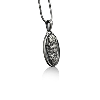 Greek god poseidon pendant necklace in silver, Personalized greek mythology necklace for boyfriend, Engraved oval medal