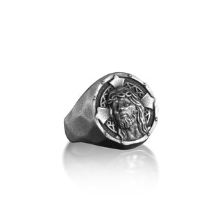 Christian Jeus Silver Ring for Men, Jesus Christ Statement Ring, Unique Religious Jewelry, Messiah Signet Ring, Catholic Ring, Gift for Men