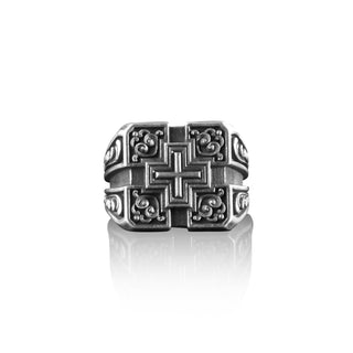 Square Cross Sterling Silver Ring for Men, Maltese Cross Floral Signet Ring, Catholic Ring, Maltese Symbol Religious Ring, Christian Ring